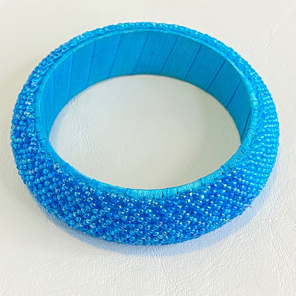 Blue Teal Seed Bead Chunky‎ Bangle Bracelet Iridescent Handcrafted Jewelry